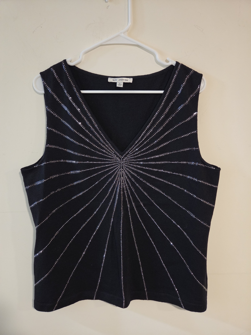 St. John Black Sleeveless V-Neck Top with Radiant Rhinestones